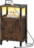 Yoobure Farmhouse NightStand with Charging Station，Wood Night Stand End Table with USB Ports, LED Bed Side Table with Storage Cabinet，Bedside Table for Bedroom, Living Room Rustic Brown