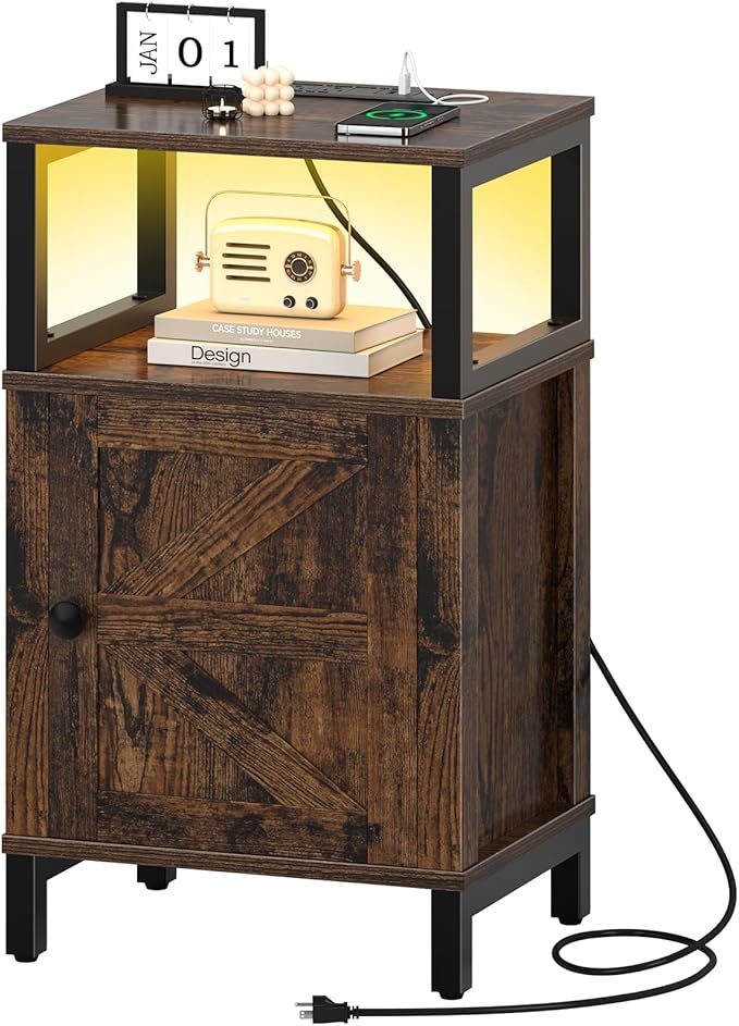 Yoobure Farmhouse NightStand with Charging Station，Wood Night Stand End Table with USB Ports, LED Bed Side Table with Storage Cabinet，Bedside Table for Bedroom, Living Room Rustic Brown