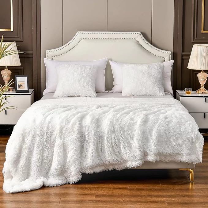 YUSOKI White Queen Faux Fur Blanket,2 Layers,90"x90" Without Pillows Big Soft Plush Fuzzy Large Warm Fluffy Throw Blanket for Bed