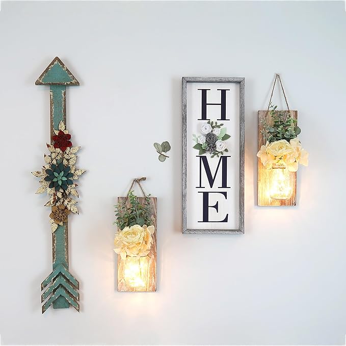 Besuerte Rustic Wall Decor Set of 2, Modern Farmhouse Decor Living Room for Home Living Room Bedroom Decorations with Rose Bouquet Flowers and Remote LED Fairy Lights (X-Large Brown)