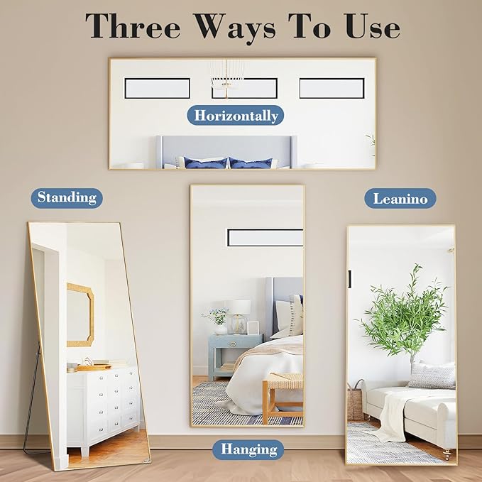Mirror Full Length, Upgraded Body Wall Mirrors with Shatter-Proof Glass, Floor Standing, Hanging or Leaning, Tall Mirror with Stand Aluminum Alloy Frame for Bedroom