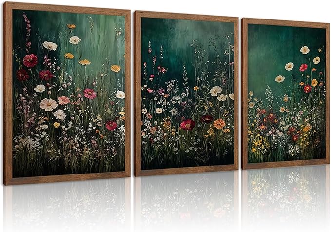 Vintage Wildflower Wall Art Set of 3, Dark Green Flower plant Canvas Prints Wall Decor, Gothic dark style pastoral landscape painting for Living Room Bedroom Farmhouse Home Decor 16x24in Wood Framed