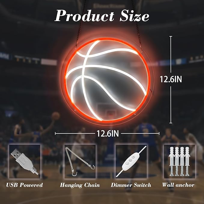 Basketball Neon Sign for Wall Decor, Dimmable LED Light for Bedroom Sports Room Decor, Basketball Gifts for Boys 8-12, 12.6 x 12.6 Inches