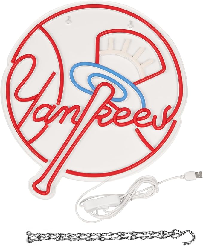 YANKEES Neon Signs for Wall Decor，Baseball Team Neon Lights for Bedroom，LED Signs Suitable for Man Cave，5V Power Adapter，Birthday、Christmas Gifts for Boys 13 * 15Inch(red+blue+white)