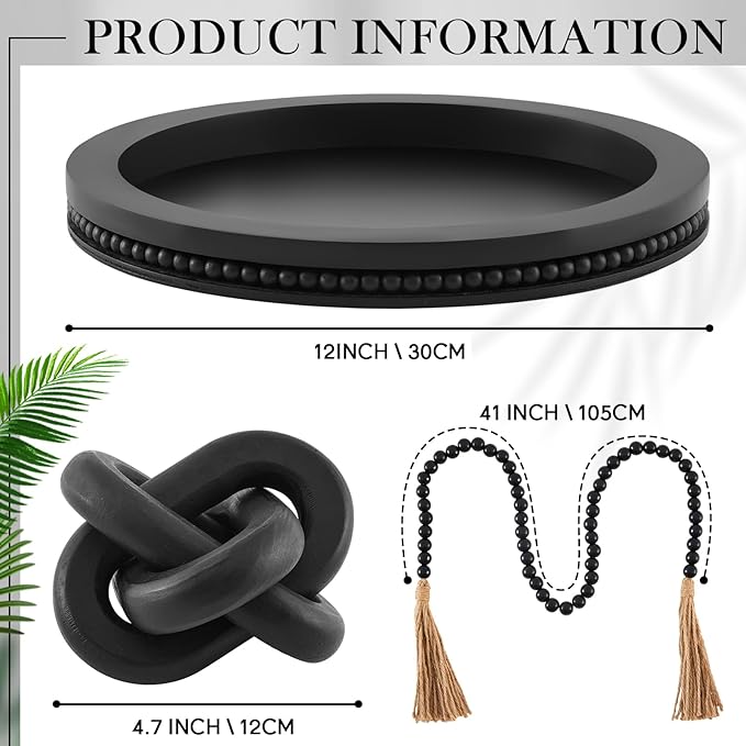 3 Pcs Coffee Table Decor Include 12in Black Wooden Serving Tray, Wood Boho Knot Chain and Wood Bead Garland with Tassels for Coffee Table Housewarming Gift Dining Room Entryway Living Room Farmhouse