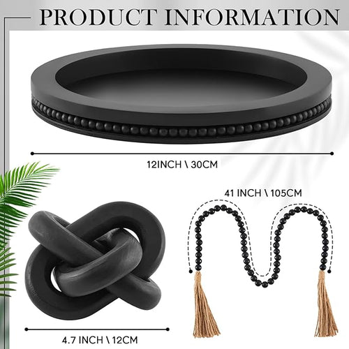 3 Pcs Coffee Table Decor Include 12in Black Wooden Serving Tray, Wood Boho Knot Chain and Wood Bead Garland with Tassels for Coffee Table Housewarming Gift Dining Room Entryway Living Room Farmhouse
