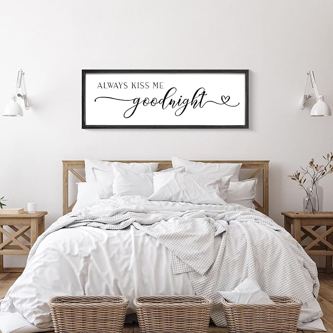 Always Kiss Me Goodnight Wall Sign 42''×15'' Large Above Bed Wall Decor Bedroom Sign Bedroom Decor with Solid Wood Framed, Couples Love Theme Wall Decor (Black)