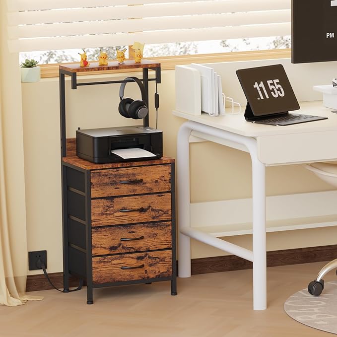 Furnulem Night Stand with Charger Station, 38'' Tall Nightstand with 4 Fabric Drawers and LED Lights, Bedside Table with Storage Shelf for Bedroom, Office, Metal Frame, Wood Shelves, Rustic Brown | 4 Fabric Drawers, LED Lights, Storage Shelf, for Bedro...
