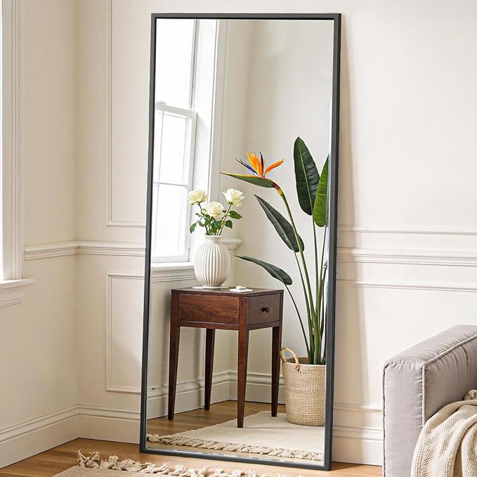 NEWBULIG Full Length Mirror 64.2"x 21" for Bedroom, Full Body Mirror with Stand, Hanging or Leaning for Wall, Aluminum Alloy Thin Frame Floor Standing for Living Room, Long, Black