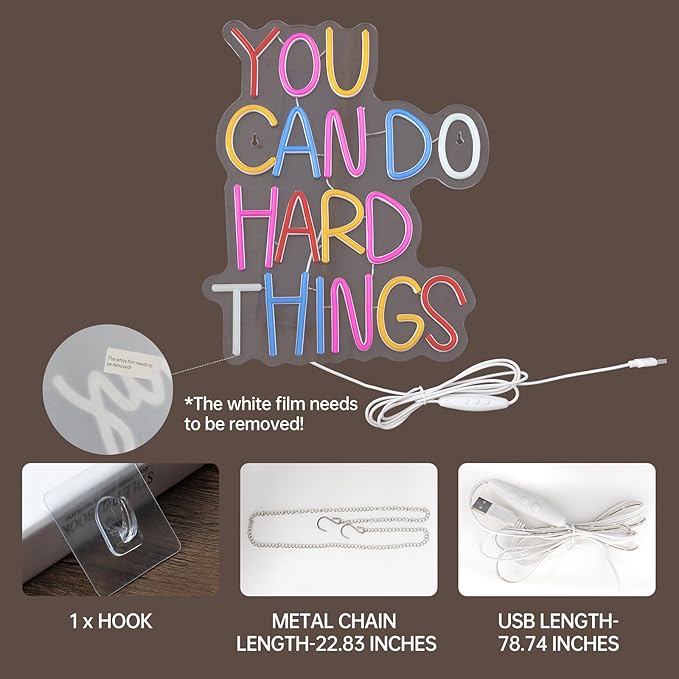 Neon Lights for Wall Decor - You Can Do Hard Things Neon Signs for Bedroom Classroom, Inspirational and Postive Led Neon Light sign for Libairy, Dorm, Kids' Room, Dimmable Switch USB Power, Adhesive Hook Included