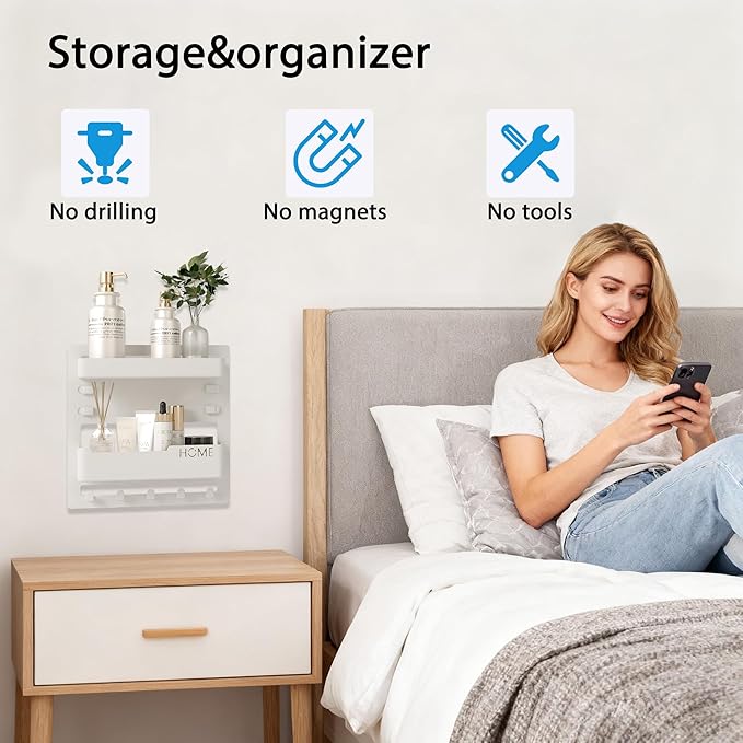 Bedside Wall Shelf Organizer, Floating Bedside Wall Mount with Adhesive for Phone, Remote & Keys, No Drill Small Shelf for Bedroom, Dorm & Small Spaces (White)