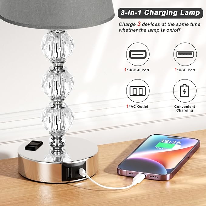 Acaxin Crystal Table Lamp Set of 2 for Bedroom/Living Room, 14.6in (Gray)