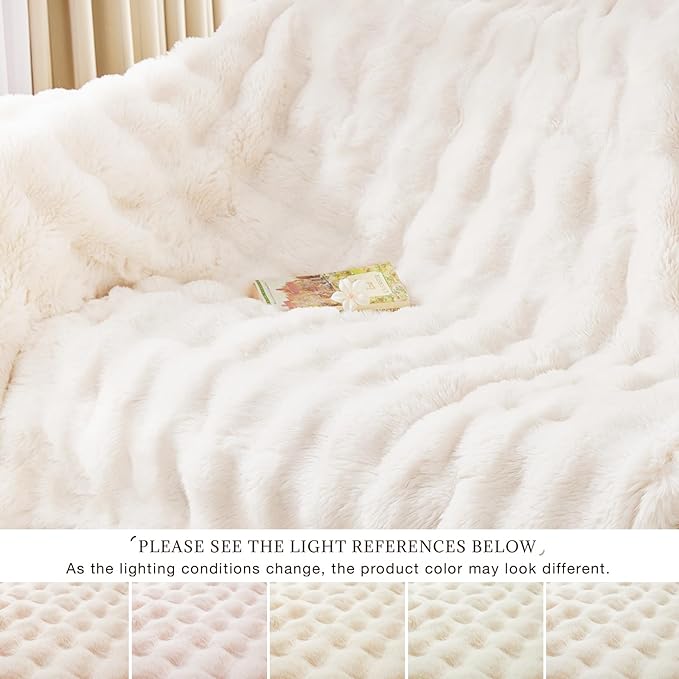 EXQ Home Fluffy Faux Rabbit Fur Throw Blanket for Couch, Soft Luxury Bubble Double Sided Plush Blanket, Cozy Thick Warm Fuzzy Decorative Blanket for Bed Chair Sofa Living Room,50"X60"(Beige)