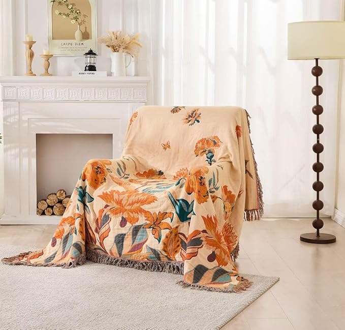 Boho Throw Blanket for Couch Sofa 60"x80",100% Cotton Muslin Fall Throw Blanket for Bed,Ultra Soft 4-Layers Woven Blanket with Floral Printed for All Season,Farmhouse Throws Bed Chair Cover