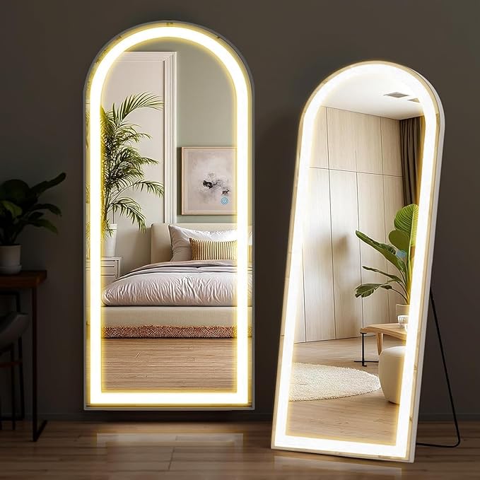 NEWBULIG Arched Full Length Mirror with Stand 21"×63", LED Light Floor Standing with 3 Color Lighting for Bedroom Body Hanging Modern Simple Home Decor Wall Living Room Cloakroom