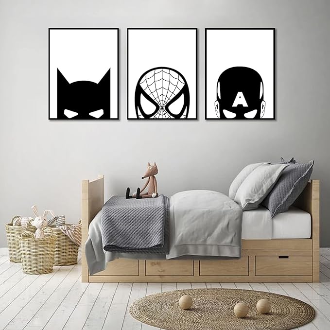 Superhero Spiderman Canvas Wall Art Black and White Wall Art Superhero Posters Spiderman Pictures Painting Wall Decor Superhero Poster for Living Room Bedroom 12x16x3 Inch Framed