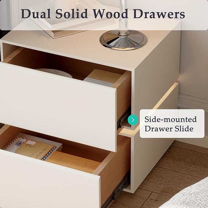 Modern Nightstand with Lights, Microfiber Leather Surface for Soft Touch, LED Night Stand with 2 Drawers for Bedroom Bed Sofa