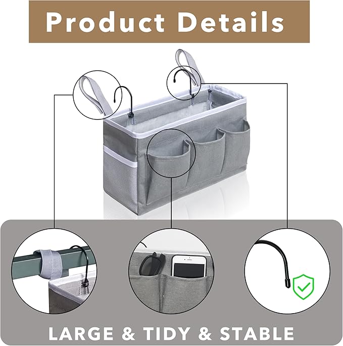 Bedside Caddy Hanging Storage Bag, Organizer Baskets with Pockets for Bunk Bed Accessories, Loft & Dorm Rooms Chair Bed Rails (Khaki-2pcs)