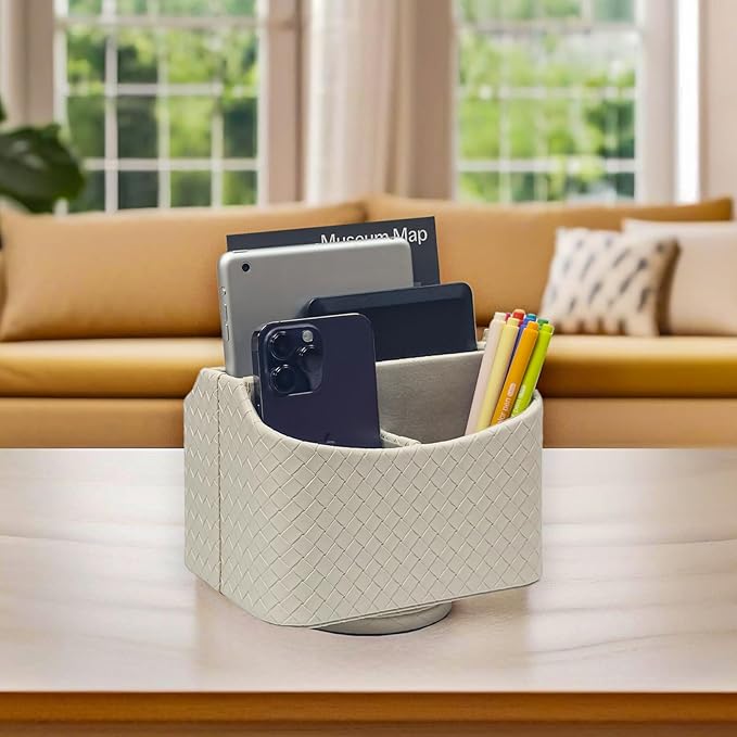 UnionBasic Rotating Desk Organizer, 360 Degree Desk Spinning Caddy, Desktop TV Guide/Mail/Media/Remote Controller Holder Organizer, Woven Beige