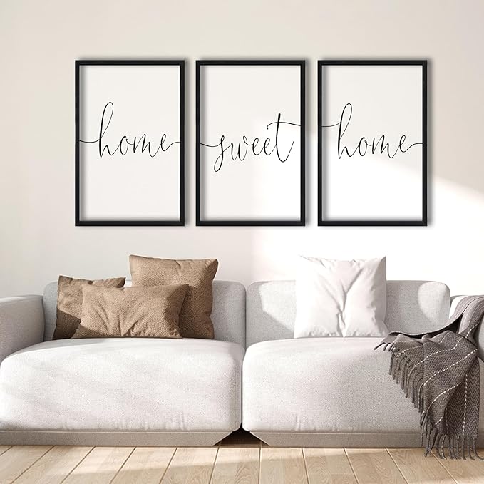 RLWangChao Home Sweet Home Sign Set of 3 Wall Art Decor 16"X11" Vintage Bedroom Above Bed Minimalist Modren Living Room Wooden Framed Warm And Cozy Family Wall Hanging Decoration (Black)