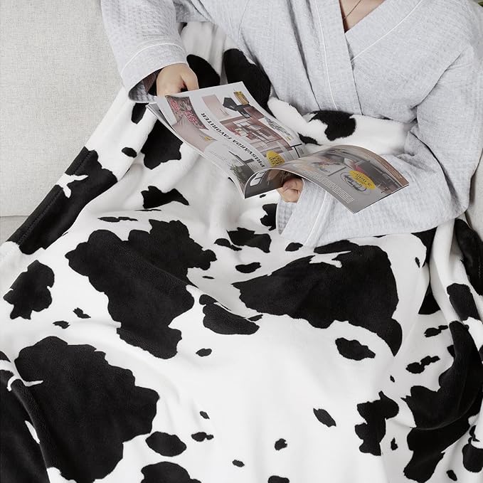 Cozy Bliss Cow Print Throw Blanket for Bed - Super Fuzzy Thick Soft Warm Fleece Blankets for Couch & Room Décor, for Women Men Girls Kids, Black & White Queen Size 90"*90"