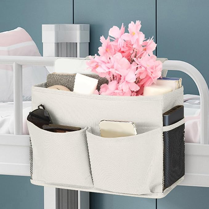 Bedside Caddy, Durable Cotton Linen Bunk Bed Caddy with Pockets and Bottle Holder,Hanging Storage Organizer,Bedside Bag for College Dorm Bed Rails Crib Bed Hospital Home Rooms Accessories (White)