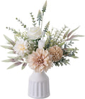 Fake Flowers in Vase, Artificial Flowers with Vase, 15.7'' Floral Arrangements for Dining Table Centerpiece Decor, Silk Roses & Faux Dahlia Bouquet for Farmfouse Kitchen Coffee Table Decor (Brown)