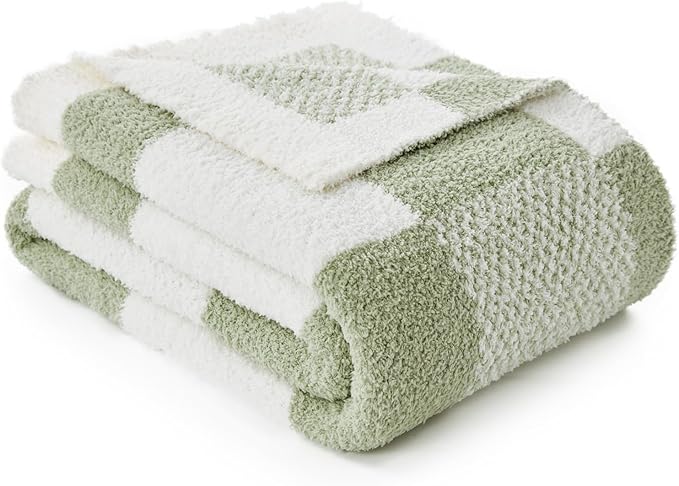 Snuggle Sac Checkered Blanket, Sage Green Throw Blanket for Couch Plaid Microfiber Fluffy Warm Cozy Fuzzy Soft Throw Blanket Reversible Checker Blankets for Sofa, Chair, Bed, 60x80 inches