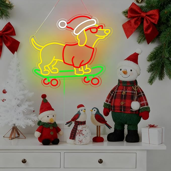 Christmas Neon Sign, Gift for Dachshund Women, Dimmable Dog Lover Gift for Christmas Decorations USB Powered 14.9x13.4in