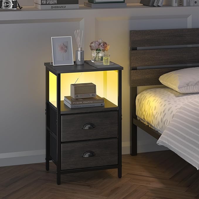 Nightstand with Charging Station, LED Night Stand with 2 Fabric Drawers, Bedside Tables End Table with Drawers, 2-Tier Storage Side Table Nightstand with Drawers for Bedroom, Black Oak