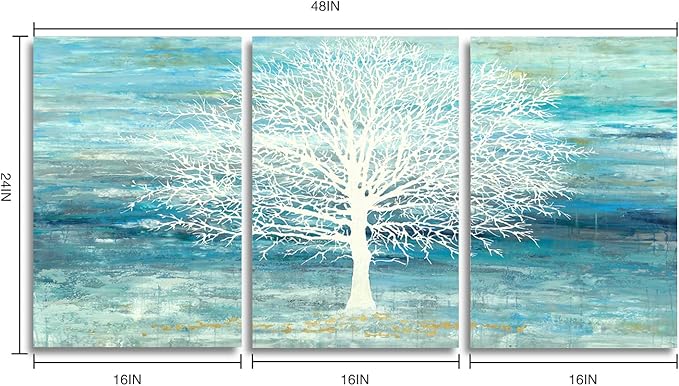 Yihui Arts Teal and Blue Canvas Wall Art - White Tree Paintings with Gold Foil - 3 Pieces Landscape Pictures for Living Room Bedroom Bathroom Decor