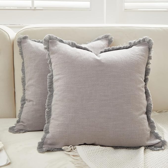 Sunday Praise Set of 2 Linen Fringe Decorative Pillow Covers 20x20 Inch Farmhouse Accent Boho Throw Pillow Cases with Tassels Cozy Soft Square Cushion Covers for Couch Sofa Bed Home Decor,Grey