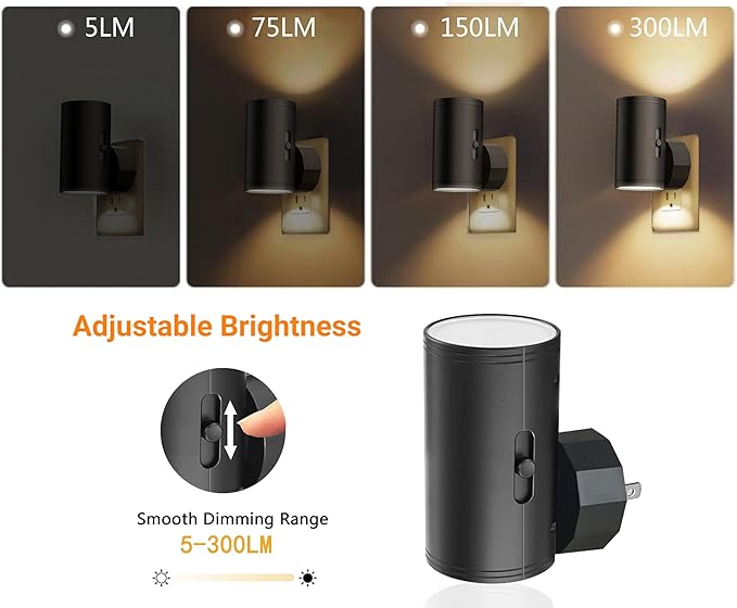 4 Pack LED Night Light Plug in, Dusk to Dawn Sensor,5-300LM Adjustable Brightness, Soft White 3000K,Dimmable Night Lights for Kitchen,Hallway Bedroom,Stairs