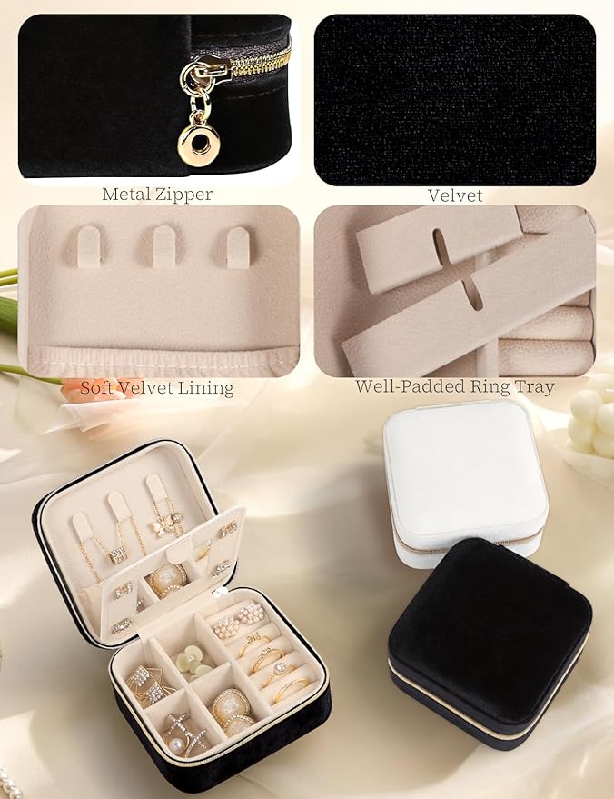 Plush Velvet Travel Jewelry Case Small Jewelry Box Jewelry Organizer Storage Case Portable Jewelry Travel Case for Girls Womens Earring, Necklace, Rings,Bracelets with Mirror