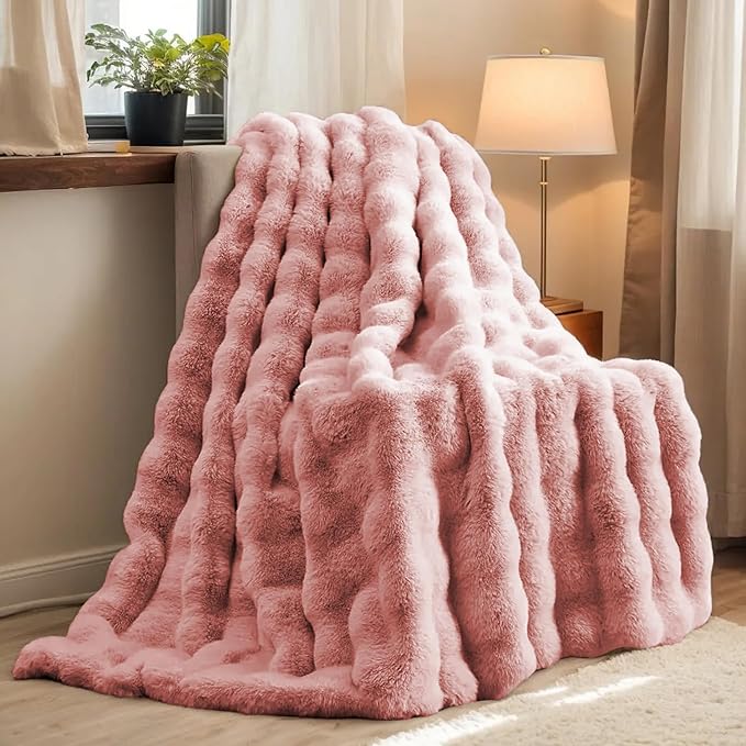H&D Faux Fur Throw Blanket for Couch,Fluffy Cozy Soft Plush Luxury Thick Fuzzy Fleece Blanket for Couch Bed Sofa Bedroom Living Room,Comfy Bubble Blanket(Rose, Queen (80"x90"))