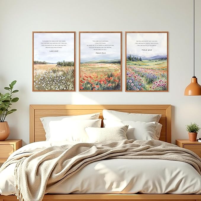 CHDITB Biblical Verses Floral Framed Canvas Wall Art Set Of 3, Inspirational Wall Decor, Scripture Inspired Landscape Painting, Nature Flower Art Prints For Living Room Bedroom Decor (12X16 Inch)