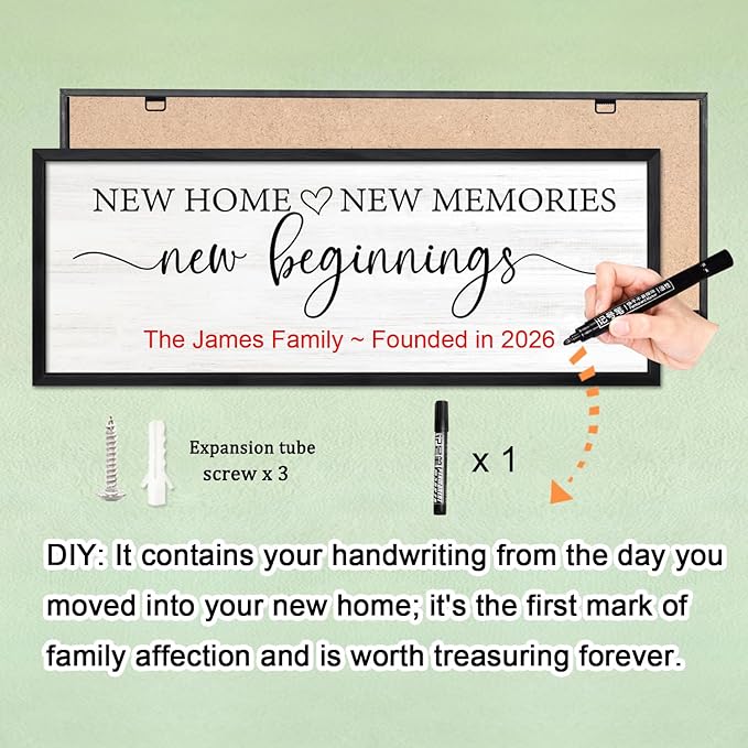 New Home, New Memories, New Beginnings Wall Decor Sign – 32x12 Inch Framed Wooden Sign with Writable Family Name & Year Space, Rustic Farmhouse Housewarming Gift for New Home, Entryway, Living Room, Black