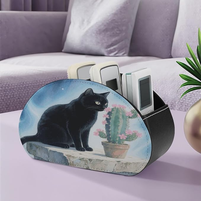 Black Cat Cactus Remote Control Holder Organizer Box with 5 Compartment PU Leather Bedside Storage Caddy Remote Organizer for Controller Media Player Pen/Pencil Storage