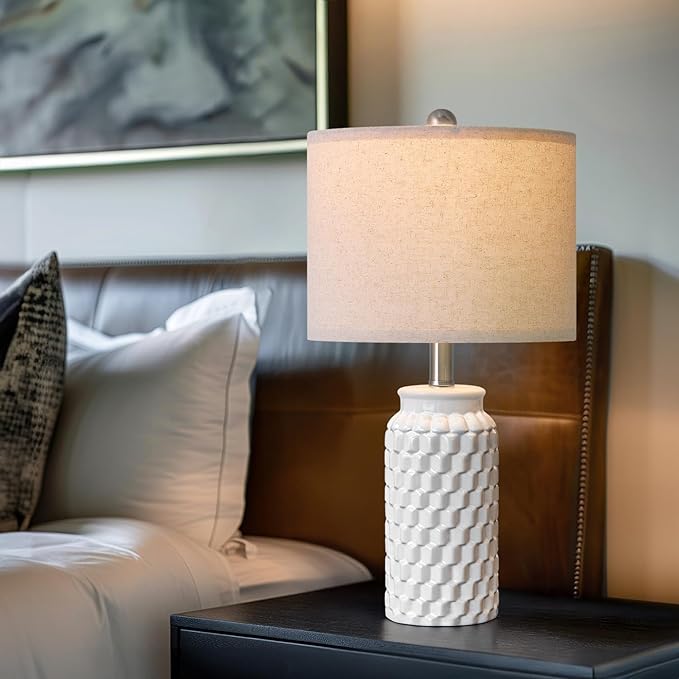20.5" Small Bedside Lamps Set of 2 with 5FT Cord, White Ceramic Modern Farmhouse Table Lamps for Nightstand, Living Room, Bedroom, 3D Honeycomb Stylish End Table Lamps(Bulb Not Included)