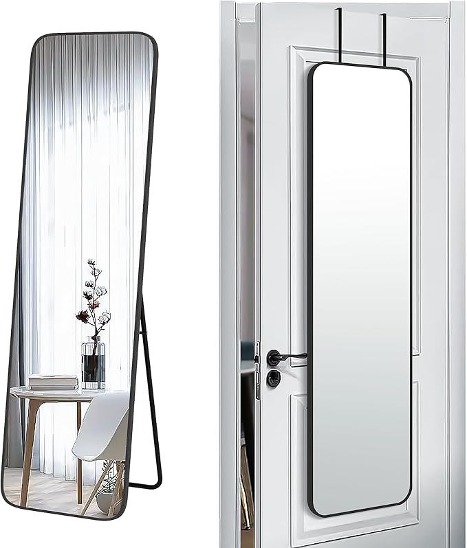 57x16 Door Hanging Full Length Mirror, Floor Stand (Height 5.7ft just Body in1.3ft) Wall Mounted Metal Frame Rectangle Dressing Mirrors for Bedroom Bathroom Room 57 inch Black