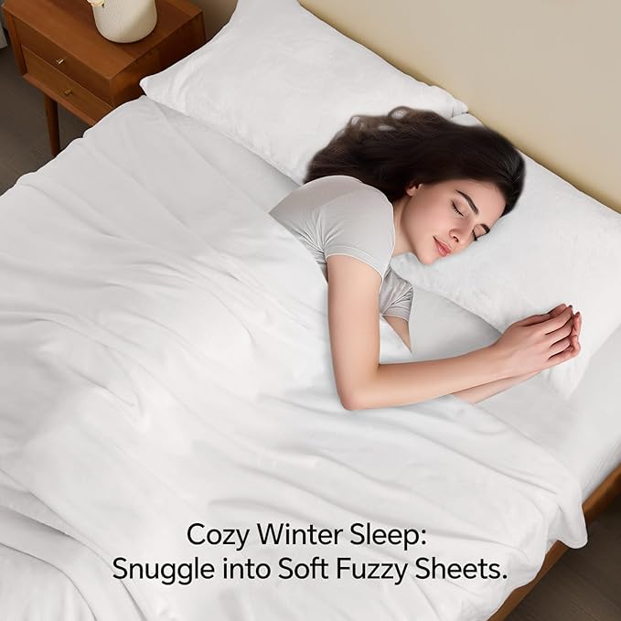 BEDELITE Flannel Sheets King Size Bright White - Super Soft Fleece Sheets Set Fluffy Extra Plush, 4 Piece(Include Fitted Sheet, Flat Sheet, 2 Pillowcases)