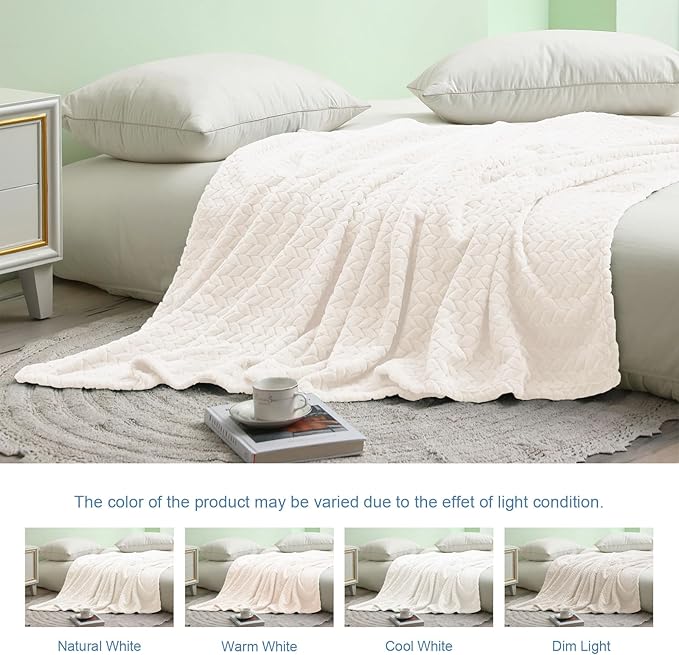 Exclusivo Mezcla Fleece Twin Size Blanket for Bed, 60x80 Inches Soft Cozy Jacquard Flannel Blankets, Lightweight Fuzzy Plush Warm for Women, Off White