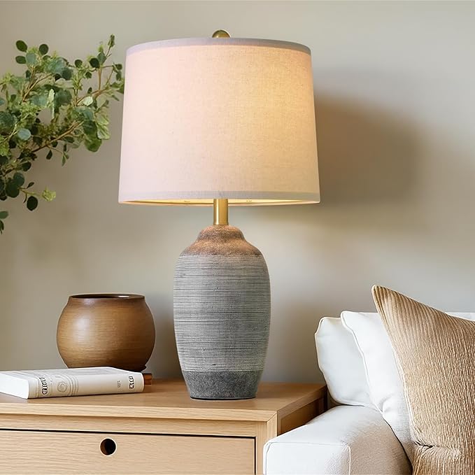 24.5" Vintage Ceramic Table Lamp with 5FT Cord,Single Farmhouse Rustic Bedside Lamp with Natural Textured Finish, Nightstand Lamps for Living Room, Bedroom End Table Office Rustic Black & Gray
