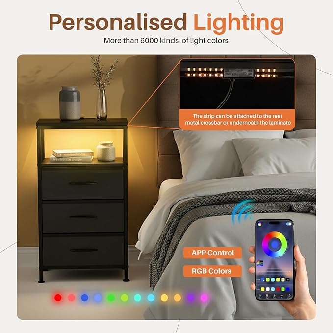 Sweetcrispy Nightstand with Charging Station, Bedside End Table with 3 Fabric Drawers & USB/Type-C Ports and Outlets, Night Stand for Bedroom Furniture, Adjustable Feet and Variable Light Strip, Black
