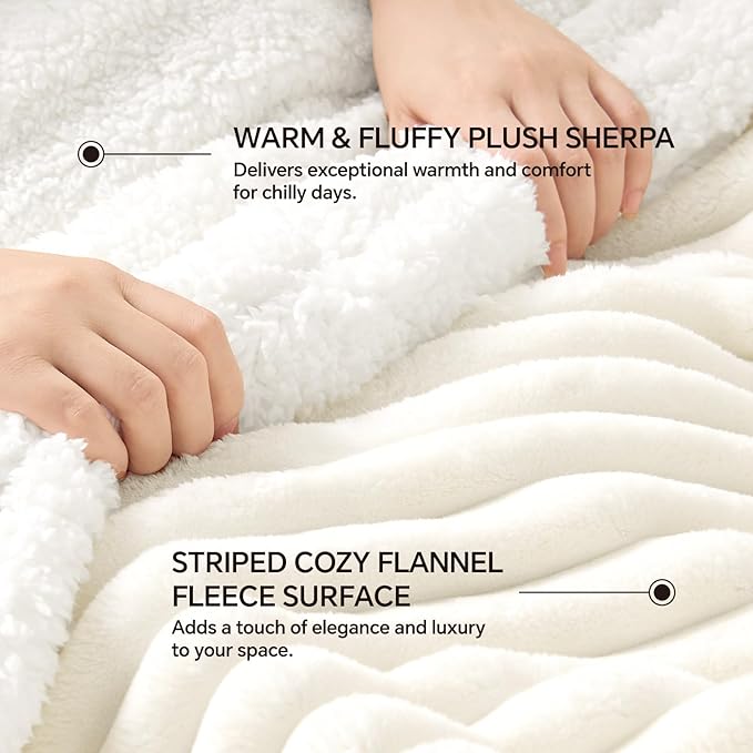 INFIIXSO Sherpa Fleece Queen Size Blanket - Super Soft & Warm Striped Fleece, Cozy Plush Fluffy Large Bed Blanket All Season Use (Cream, 90x90 Inches)