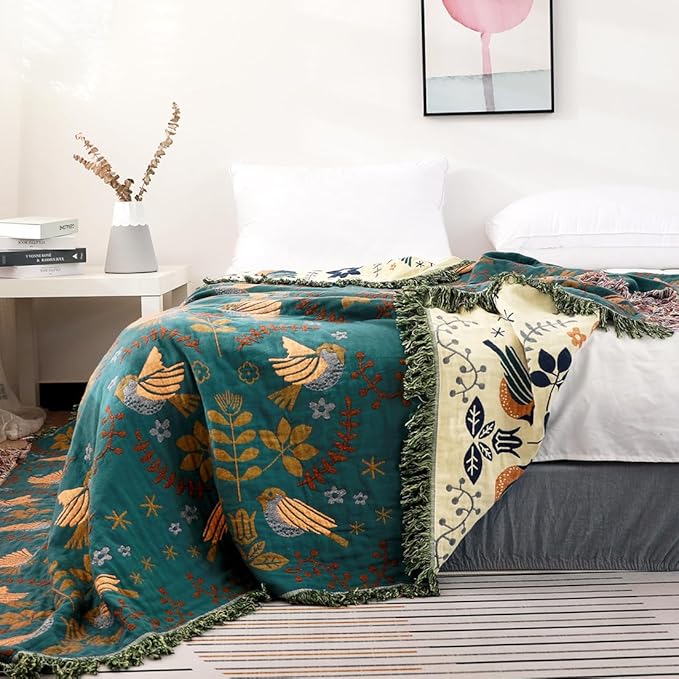 Boho Throw Blanket, 100% Organic Cotton Breathable Ultra Soft 91" x 108" King Bed Quilt Throw - Floral Rustic Bird Farmhouse Decor Luxury Blanket for Sofa Couch Chair and Gift,Teal/Beige