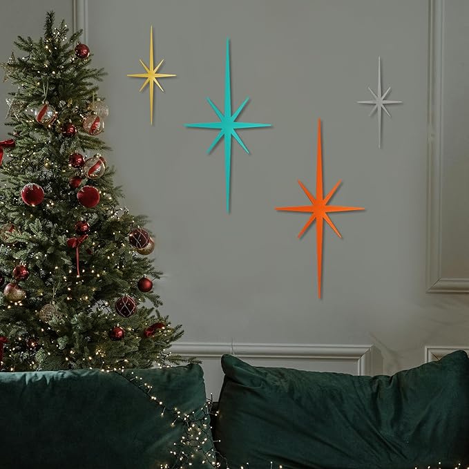 sxnzequnze 4 Pack Metal Star Wall Art 8 Pointed Starburst Wall Decor Set with 2 Large & 2 Small Pieces Mid Century Celestial Metal Wall Sculpture for Bedroom Living Room Office Gallery Wall