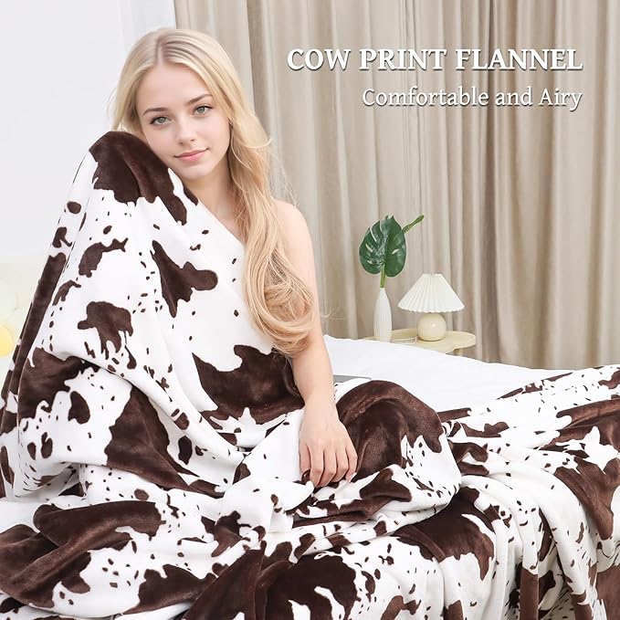 Cow Print Blanket for Couch Bed, Fuzzy Fleece Soft Blankets and Throws, Brown White Western Home Decor, All Season Cozy Graduations Birthday Gifts for Cow Lovers Women Men Girls Boys, 50x60 Inches