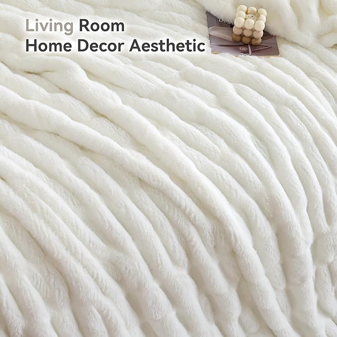 Smoofy Cream White Throw Blanket for Couch – Ultra Soft Cozy Plush Fluffy Blanket with Faux Rabbit Fur, Fuzzy Lightweight Fleece for Sofa, Bed & Office, Gift for Women, Home Room Decor Throw 50"x 60"