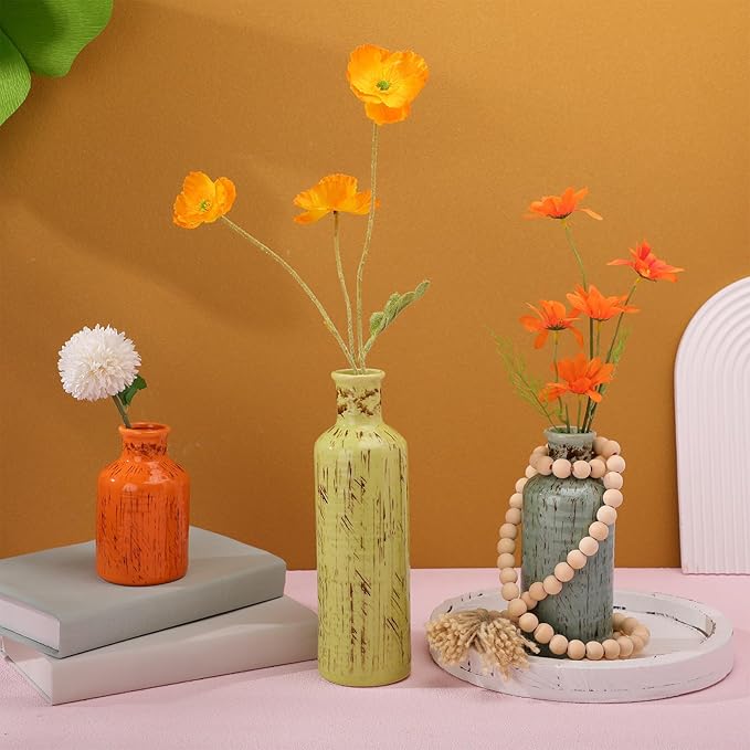 5 Pcs Rustic Country Tabletop Centerpieces Decor Set of 3 Boho Ceramic Vases with Wooden Serving Tray Wood Bead Garland Tassels Table Holder for Home Decorations(Mexican Color)